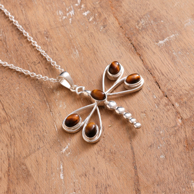 Tiger's eye pendant necklace, 'Brown Dragonfly' - Tiger's Eye Sterling Silver Dragonfly Pendant Necklace