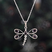 Amethyst pendant necklace, 'Violet Dragonfly' - Amethyst Sterling Silver Dragonfly Pendant Necklace