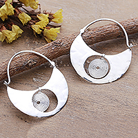 Sterling silver hoop earrings, 'Chic Crescent Moon' - 925 Silver Crescent Moon Hoop Earrings with Spiral Accents