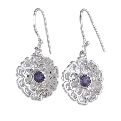 Iolite dangle earrings, 'Blossoming Blue' - Sterling Silver Floral Dangle Earrings with Iolite Stone