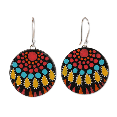 Ceramic dangle earrings, 'Mandala Realm' - Mandala-Inspired Hand-Painted Round Ceramic Dangle Earrings