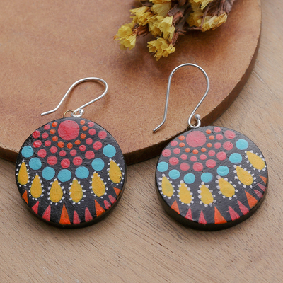 Ceramic dangle earrings, 'Mandala Realm' - Mandala-Inspired Hand-Painted Round Ceramic Dangle Earrings