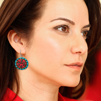Ceramic dangle earrings, 'Circle of Paisley' - Paisley-Themed Hand-Painted Red Ceramic Dangle Earrings