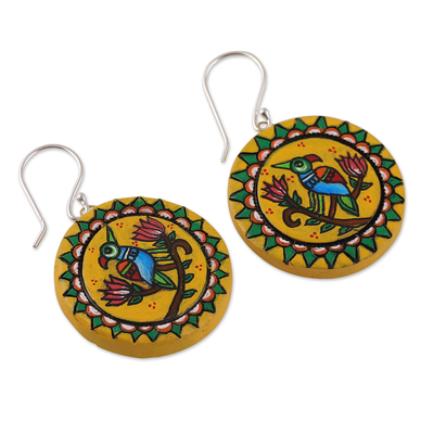 Ceramic dangle earrings, 'Arcadia Bird' - Bird-Themed Hand-Painted Yellow Ceramic Dangle Earrings