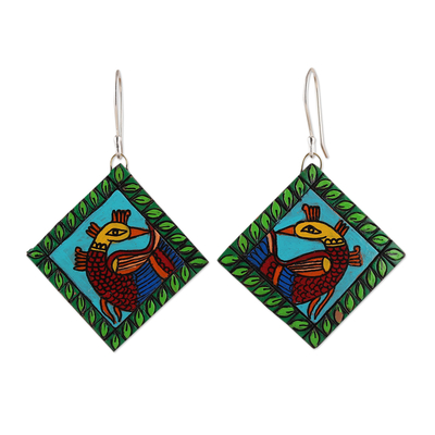 Ceramic dangle earrings, 'Kalamkari Peacock' - Diamond-Shaped Peacock Green Ceramic Dangle Earrings
