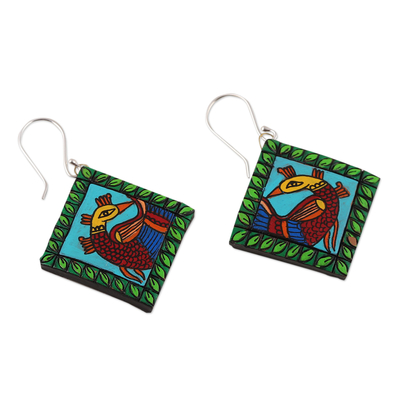 Ceramic dangle earrings, 'Kalamkari Peacock' - Diamond-Shaped Peacock Green Ceramic Dangle Earrings