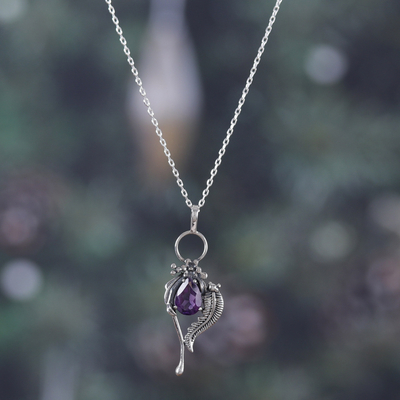 Amethyst pendant necklace, 'Violet Romance' - Leafy Faceted Two-Carat Amethyst Pendant Necklace from India