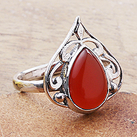 Onyx cocktail ring, 'Warm Leaf' - Leaf-Themed Sterling Silver and Orange Onyx Cocktail Ring
