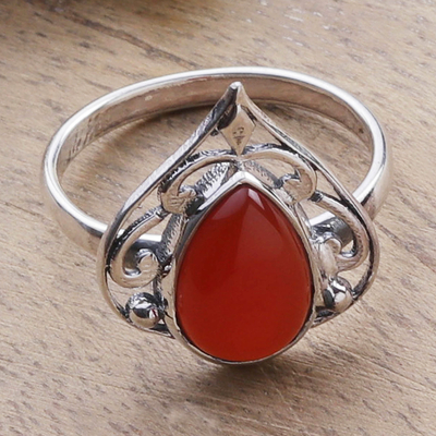 Onyx cocktail ring, 'Warm Leaf' - Leaf-Themed Sterling Silver and Orange Onyx Cocktail Ring