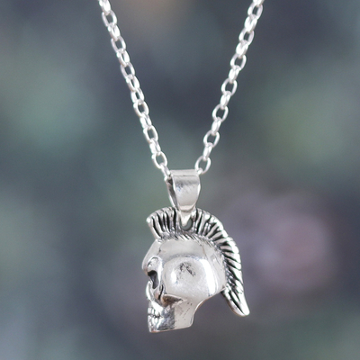 Men's sterling silver pendant necklace, 'Mohawk Skull' - Men's Sterling Silver Mohawk Skull-Themed Pendant Necklace