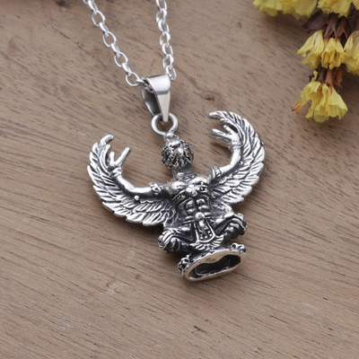 Men's sterling silver pendant necklace, 'Mighty Garuda' - Men's Sterling Silver Hindu God Garuda Pendant Necklace