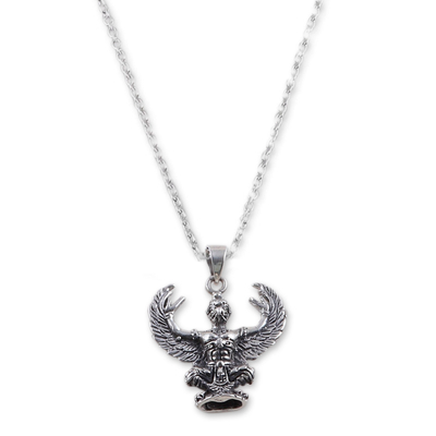 Men's sterling silver pendant necklace, 'Mighty Garuda' - Men's Sterling Silver Hindu God Garuda Pendant Necklace