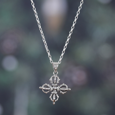 Sterling silver pendant necklace, 'Dorje Flower' - Classic Sterling Silver Dorje Pendant Necklace from India