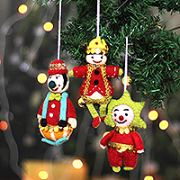 Wool ornaments, 'Festive Jokers' (set of 3) - Handcrafted Wool and Cotton Clown Ornaments (Set of 3)