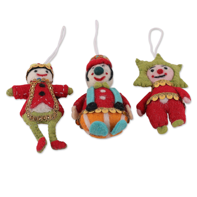 Wool ornaments, 'Festive Jokers' (set of 3) - Handcrafted Wool and Cotton Clown Ornaments (Set of 3)