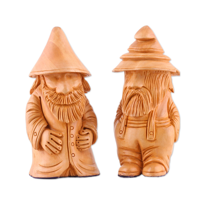 Figuritas de madera, (par) - Par de caprichosas figuras de madera de gnomo de la suerte talladas a mano