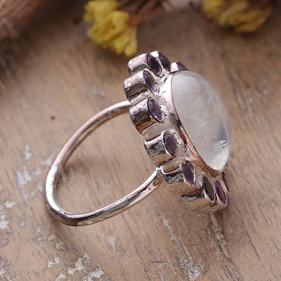 Rainbow Moonstone and amethyst cocktail ring, 'Harmonious Blossom' - Floral Rainbow Moonstone and Amethyst Cocktail Ring