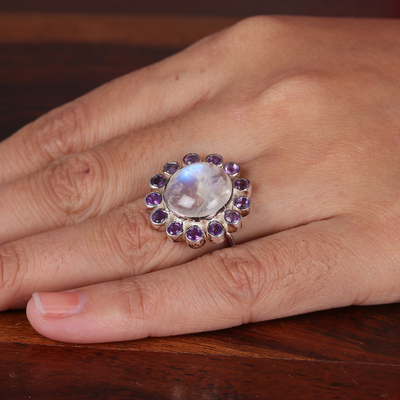 Rainbow Moonstone and amethyst cocktail ring, 'Harmonious Blossom' - Floral Rainbow Moonstone and Amethyst Cocktail Ring