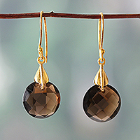 Gold-plated smoky quartz dangle earrings, 'Evening Dazzle' - 22k Gold-Plated Smoky Quartz Dangle Earrings from India