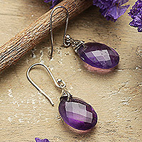 Amethyst dangle earrings, 'Sparkles of Purple' - High-Polished Sterling Silver and Amethyst Dangle Earrings