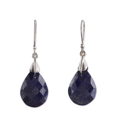 Lapis lazuli dangle earrings, 'Sparkles of Blue' - Polished Sterling Silver and Lapis Lazuli Dangle Earrings
