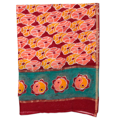 Schal aus Batik-Baumwollmischung - Schal aus Baumwolle und Seide mit handgestempelten Batik-Blumenmotiven