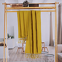 Wool shawl, 'Winter Warmth in Mustard' - Fringed Yellow Wool Shawl with Handwoven Geometric Motifs