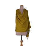 Wool shawl, 'Winter Warmth in Mustard' - Fringed Yellow Wool Shawl with Handwoven Geometric Motifs