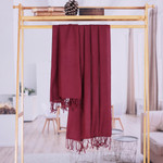 Wool shawl, 'Winter Warmth in Wine' - Fringed Wine Wool Shawl with Hand-Woven Geometric Motifs