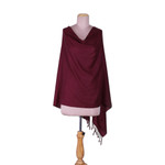Wool shawl, 'Winter Warmth in Wine' - Fringed Wine Wool Shawl with Hand-Woven Geometric Motifs