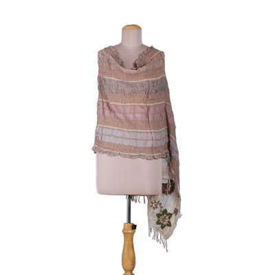 Embroidered wool shawl, 'Floral Flair' - Woven Striped Wool Shawl with Ruffles and Floral Embroidery