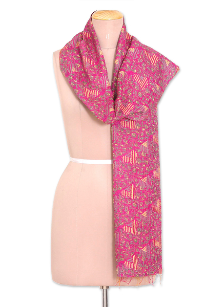 Kantha silk scarf, 'Fairytale Blossoms' - Hand-Embroidered Reversible Fuchsia Brown Kantha Silk Scarf