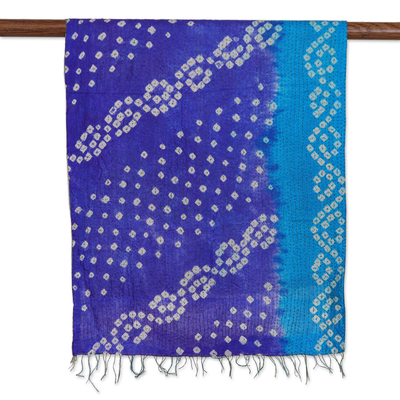 Kantha silk scarf, 'Midnight Grandeur' - Hand-Embroidered Reversible Blue & Ivory Kantha Silk Scarf