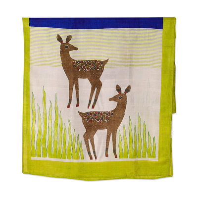 Hand-painted silk scarf, 'Deer Saga' - Hand-Painted Bordered Silk Scarf with Deer Motif from India