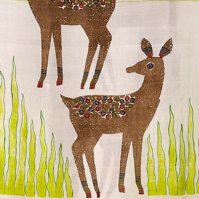 Hand-painted silk scarf, 'Deer Saga' - Hand-Painted Bordered Silk Scarf with Deer Motif from India