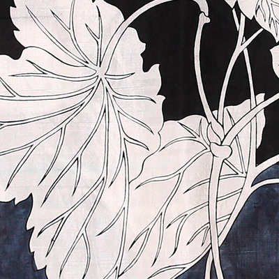 Hand-painted silk shawl, 'Snow Clad Leaves' - Hand-Painted Bordered Silk Shawl with Leaf Motif from India