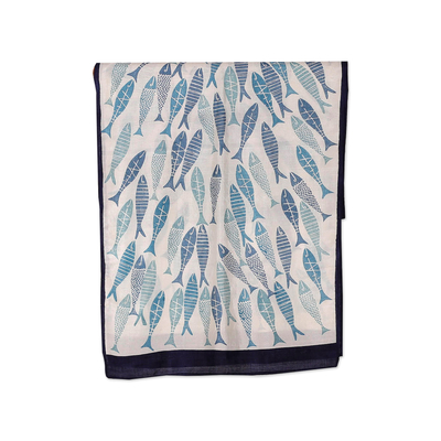 Hand-painted silk scarf, 'School of Fish' - Hand-Painted Bordered Silk Scarf with Fish Motif from India