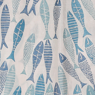 Hand-painted silk scarf, 'School of Fish' - Hand-Painted Bordered Silk Scarf with Fish Motif from India
