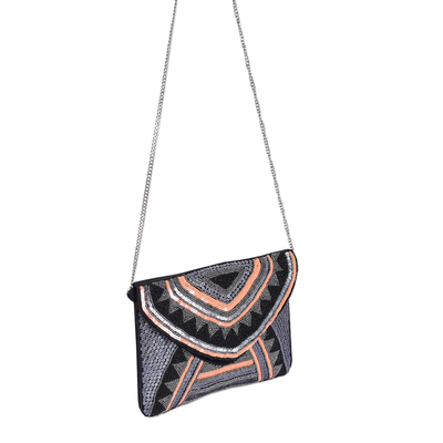 Beaded cotton sling, 'Dulcet Glam' - Hand-Beaded Geometric Peach and Black Cotton Sling Bag