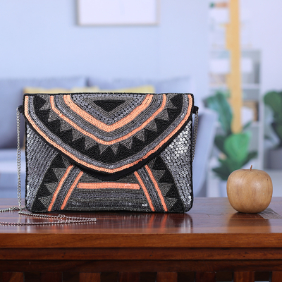 Beaded cotton sling, 'Dulcet Glam' - Hand-Beaded Geometric Peach and Black Cotton Sling Bag