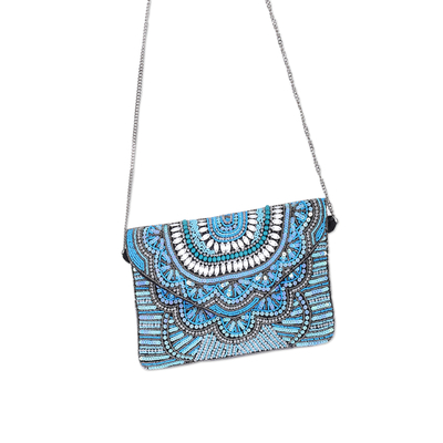 Beaded cotton sling, 'Oneiric Glam' - Hand-Beaded Floral Blue and Turquoise Cotton Sling Bag
