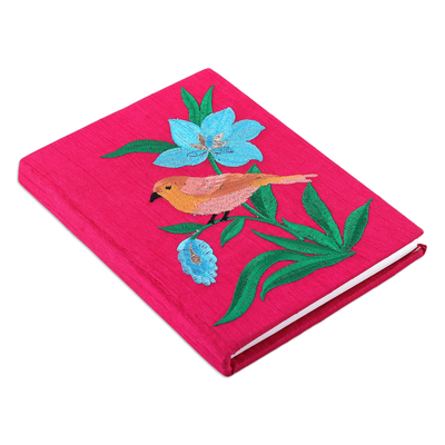 Rayon embroidered journal, 'Nature's Cerise Beauty' - Nature-Themed Cerise Rayon-Embroidered Journal from India