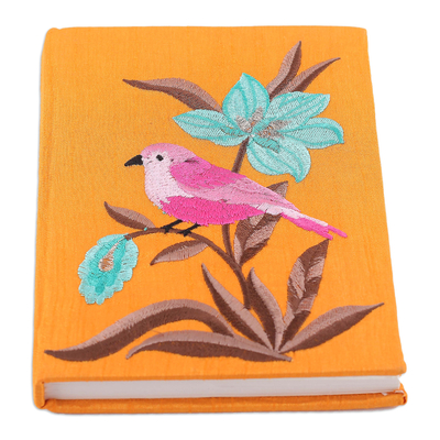 Rayon embroidered journal, 'Nature's Saffron Beauty' - Nature-Themed Saffron Rayon-Embroidered Journal from India