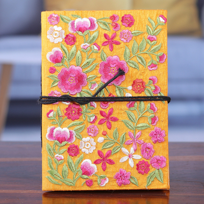 Rayon embroidered journal, 'Saffron of Blossoms' - Floral Pink and Saffron Rayon-Embroidered Journal from India