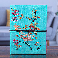 Rayon embroidered journal, 'Joyous Chant' - Bird-Themed Turquoise Rayon-Embroidered Journal from India