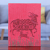 Rayon embroidered journal, 'Kamadhenu in Pink' - Traditional Kamadhenu Rayon-Embroidered Journal from India