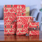 Leather-accented cotton journal, pouch and keychain set, 'Assam Beauty' (3 pieces) - Leather-Accented Cotton Jacquard Journal Pouch Keychain Set