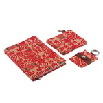 Leather-accented cotton journal, pouch and keychain set, 'Assam Beauty' (3 pieces) - Leather-Accented Cotton Jacquard Journal Pouch Keychain Set