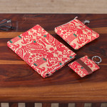 Leather-accented cotton journal, pouch and keychain set, 'Assam Beauty' (3 pieces) - Leather-Accented Cotton Jacquard Journal Pouch Keychain Set