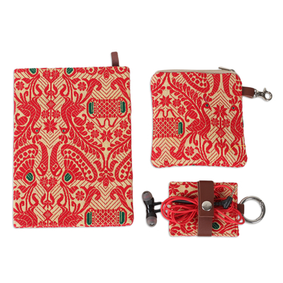 Leather-accented cotton journal, pouch and keychain set, 'Assam Beauty' (3 pieces) - Leather-Accented Cotton Jacquard Journal Pouch Keychain Set